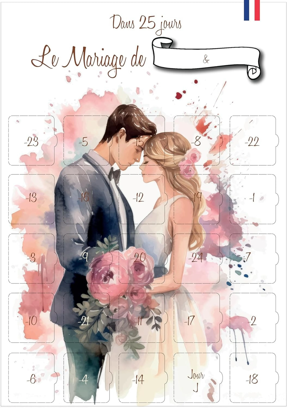 Calendrier compte à rebours mariage 25 jours - recto